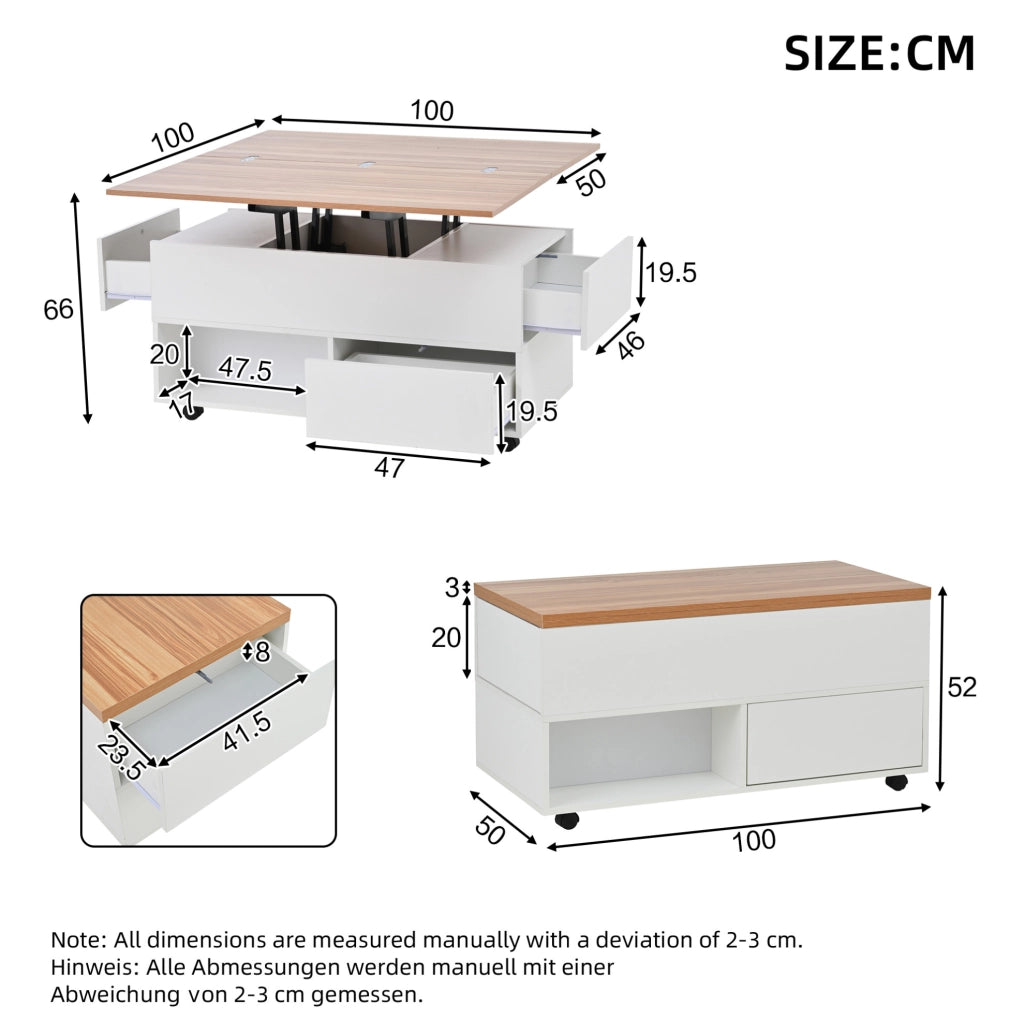 Tavolino elevabile con ruote e 4 cassetti bianco rovere