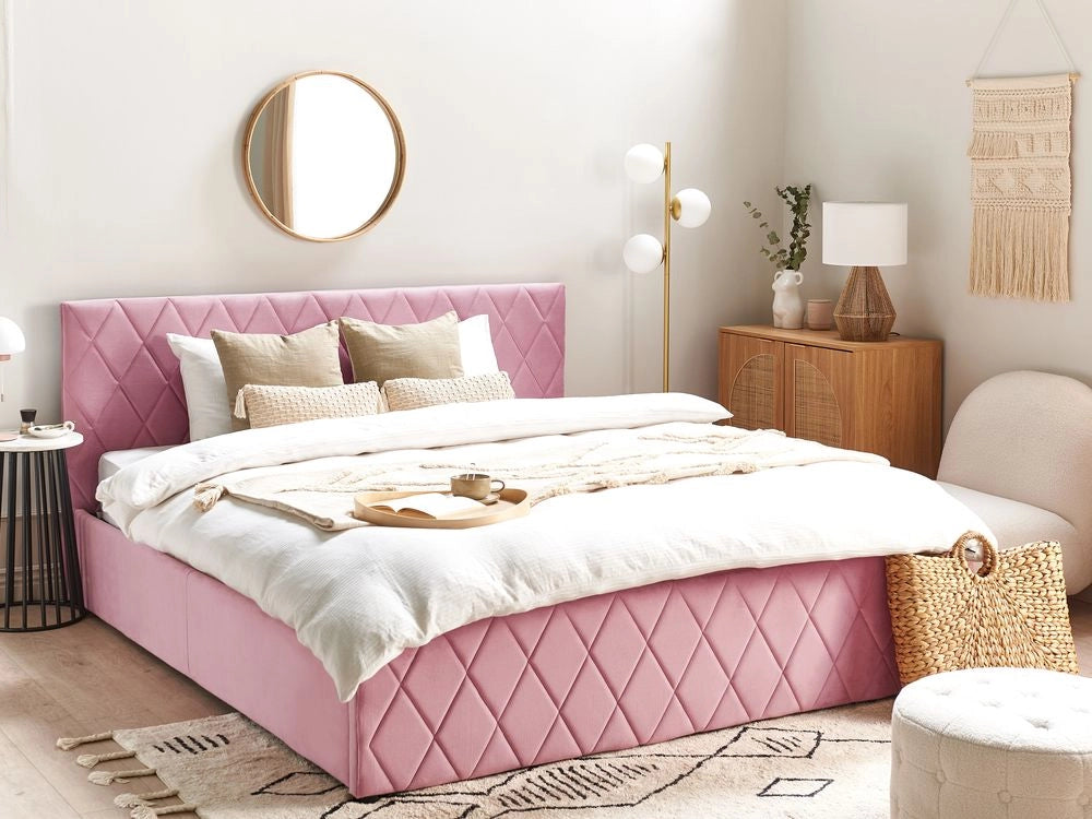 Letto contenitore Rivestimento in velluto rosa 180 x 200 cm con testiera trapuntata a rombi con base a doghe