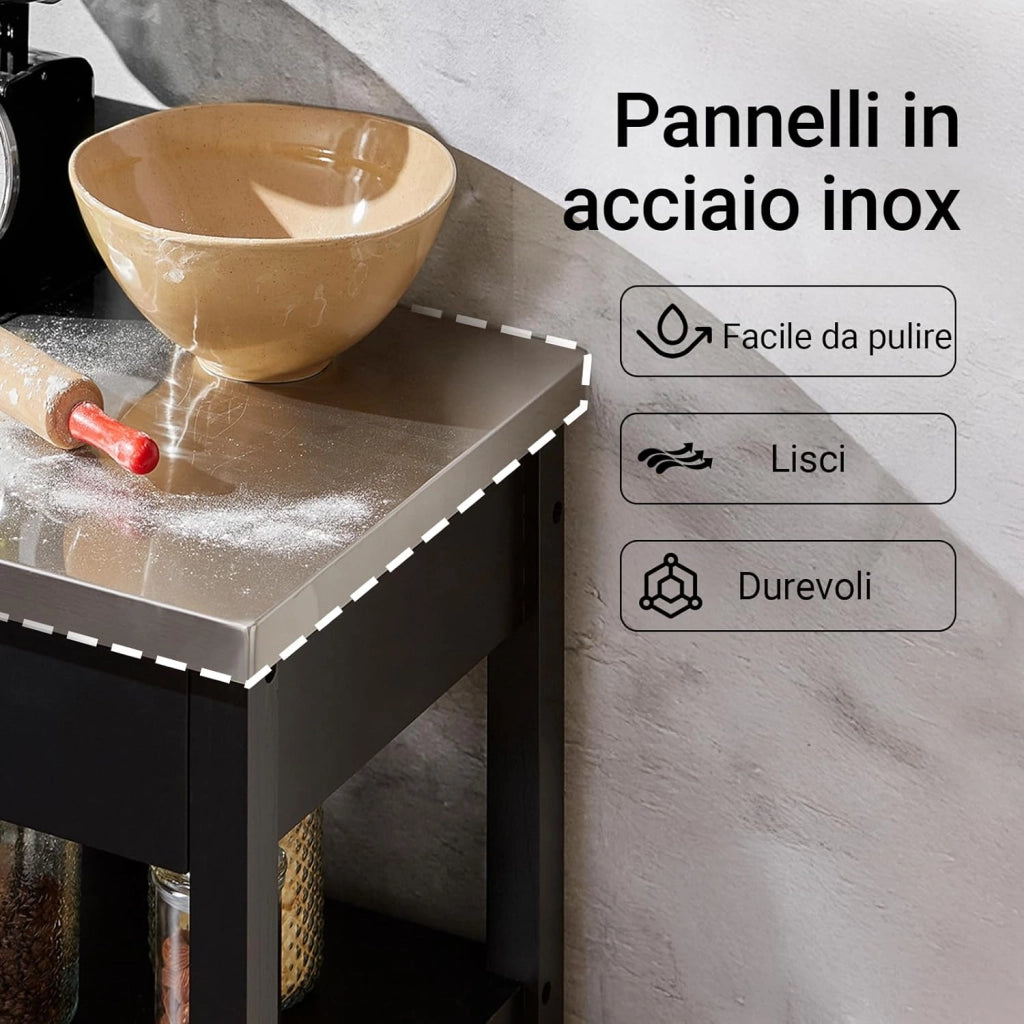 Carrello cucina salvaspazio con piano di lavoro – Mobile cucina con ruote, ideale come mobiletto cucina, credenza compatta o mobile microonde – Disponibile in Nero 60x92x45cm FKW22-SCH