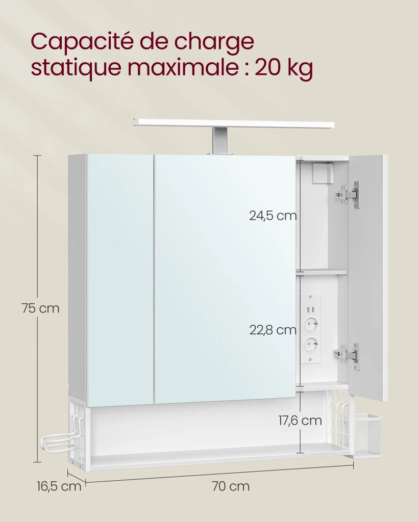 Mobiletto da bagno a 3 ante sospeso con specchio multipresa cestino pensile portaphon e lavabo bianco (12_0006464)