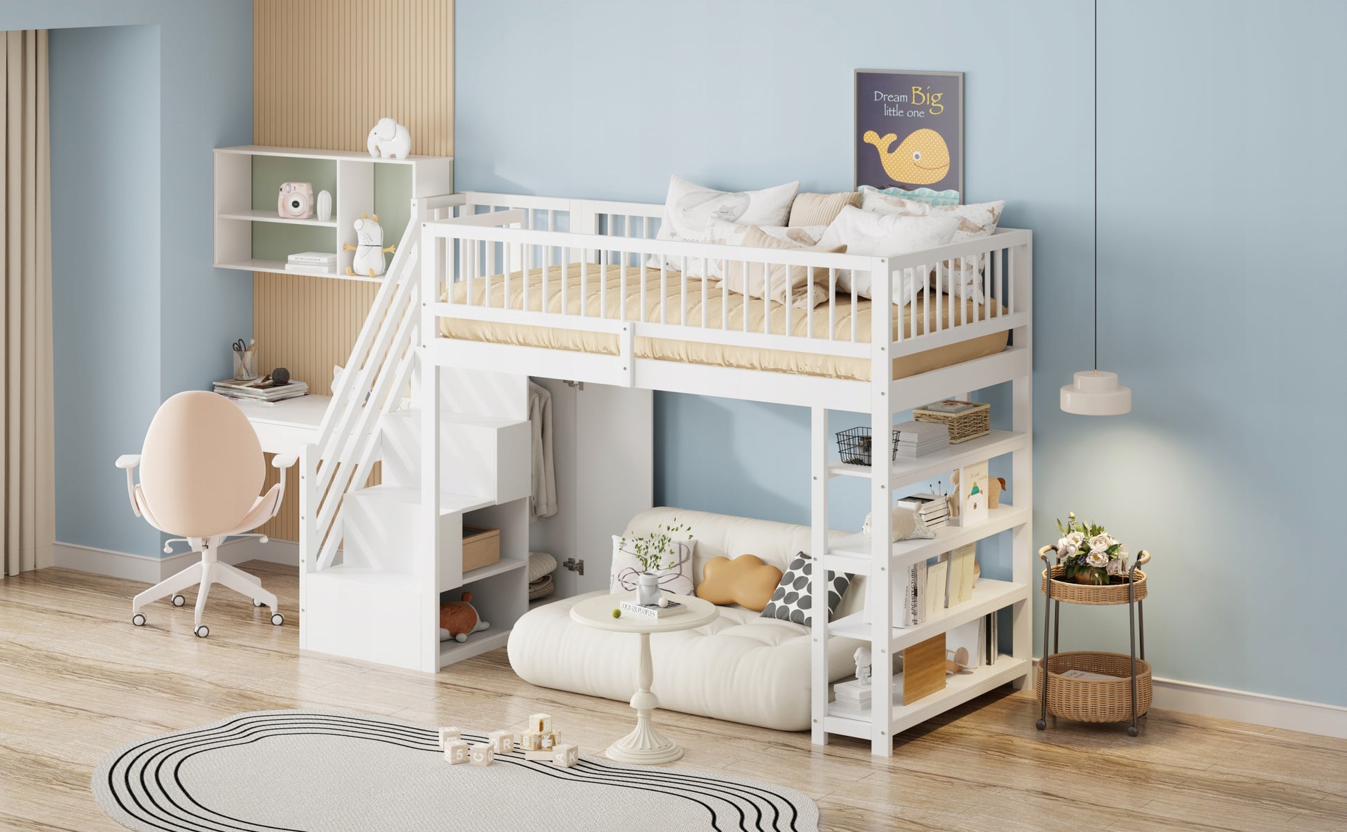 Letto a castello con armadio e ripiani, 90x200 - Xylo - Bianco