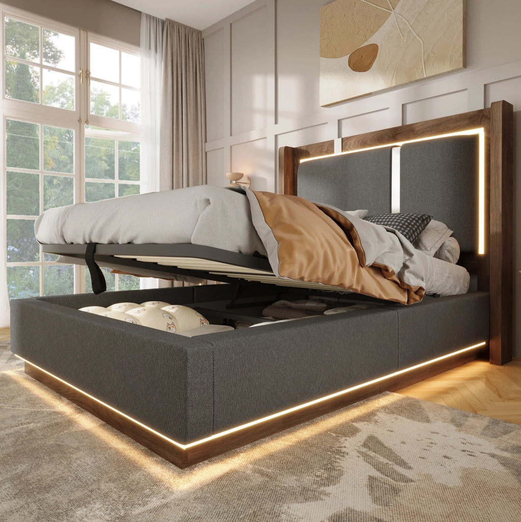 Letto imbottito 90x200 cm con LED; contenitore sollevabile e rete; grigio e noce
