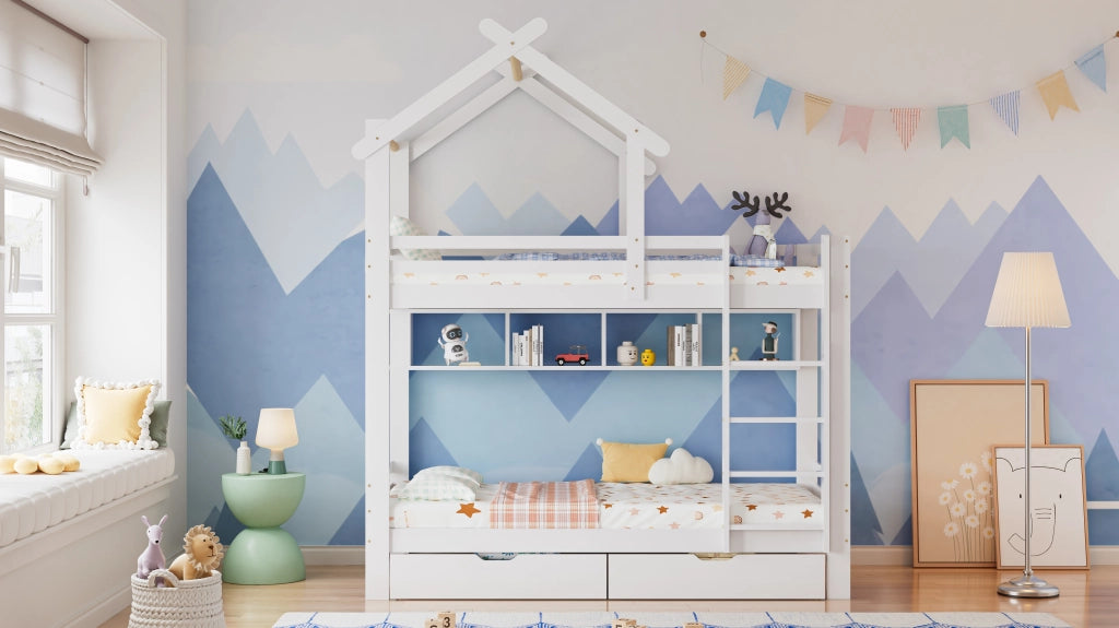 Letto a castello 90 × 200 cm con cassetti, ripiani e scala dritta, senza materasso, in legno, bianco