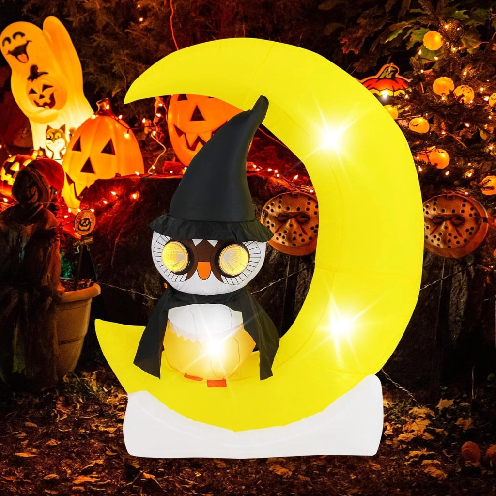COSTWAY Decorazione Gonfiabile per Halloween 130 x 155 CM, Decorazione di Halloween Illuminata con LED e Grande Luna e Gufo Mago e Soffiatore Incorporato, per Cortile, Prato e Feste