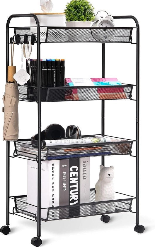 Trolley per cucina, Trolley piccolo con 4 livelli, Servizio con 4 livelli, Trolley per cucina su ruote, Piastra di installazione, Piastra di cucina, Piastra per bagno, Trolley di servizio con grande capacità per cucina, bagno.