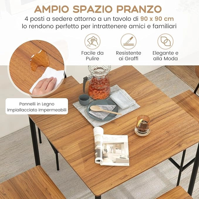Set 5 Pezzi Tavolo da Pranzo, 1 Tavolo Rettangolare e 4 Sedie con Poggiapiedi, Set di Tavolo da Pranzo Salvaspazio per Casa Ristorante Bar (Noce)