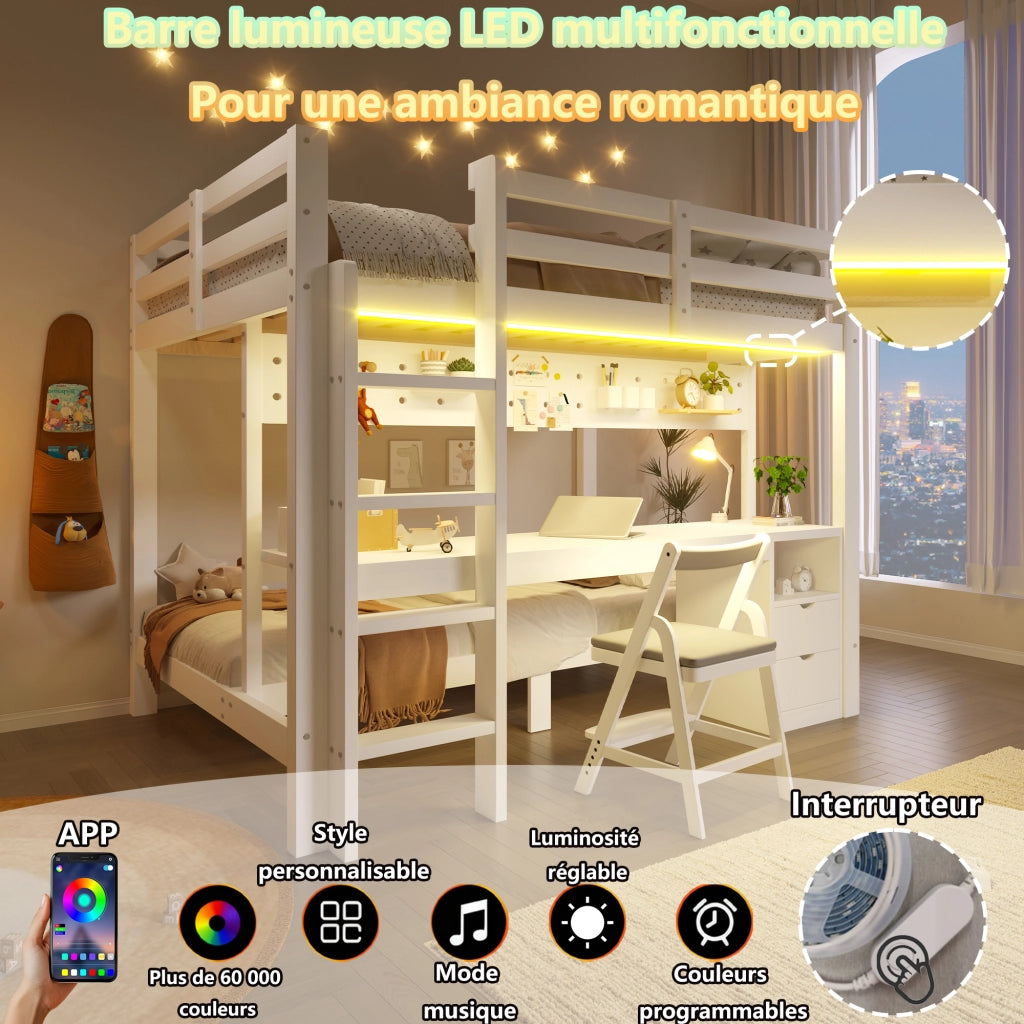 Letto a soppalco in pino con scrivania, cassetti e LED, 90/140x200 cm