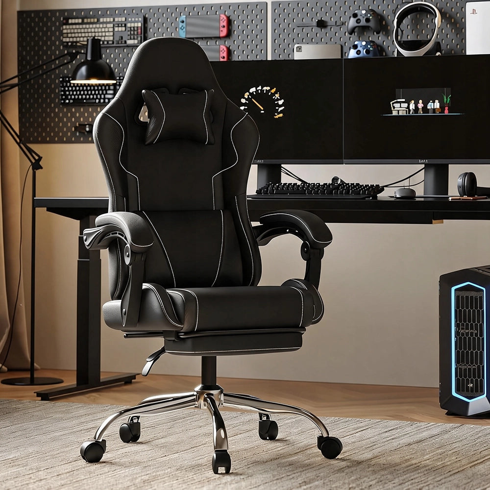 Sedia Gaming DOWINX Nera con Poggiapiedi; Schienale 150°; Supporto Lombare e Portata 150 kg