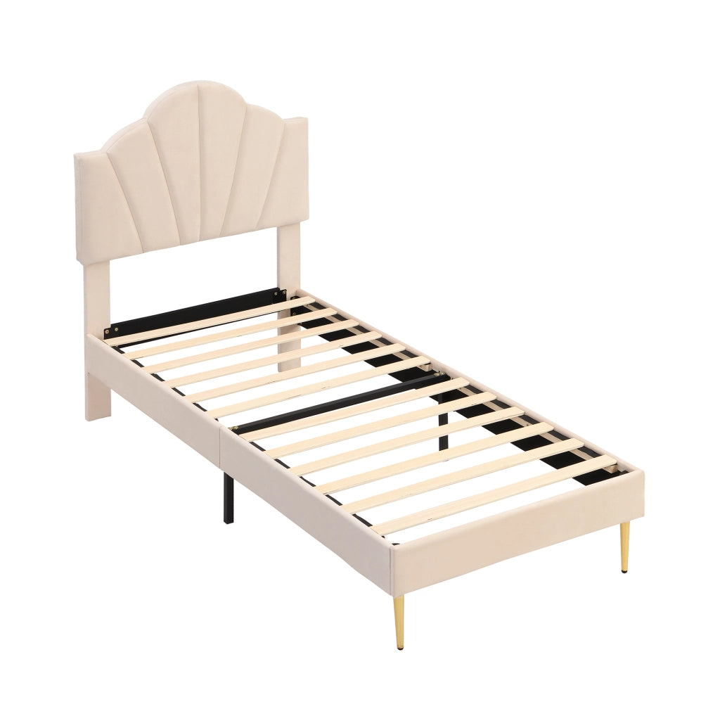 Letto imbottito 90x200 cm con testiera regolabile e rete a doghe in velluto beige