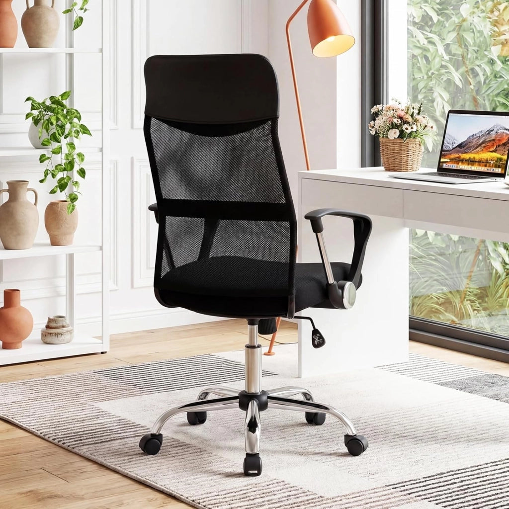Sedia da Ufficio Girevole, Sedia da Scrivania in Rete Traspirante con Braccioli Curvi, Ruote Scorrevoli e Schienale Ergonomico, Regolabile in Altezza, per Casa e Studio