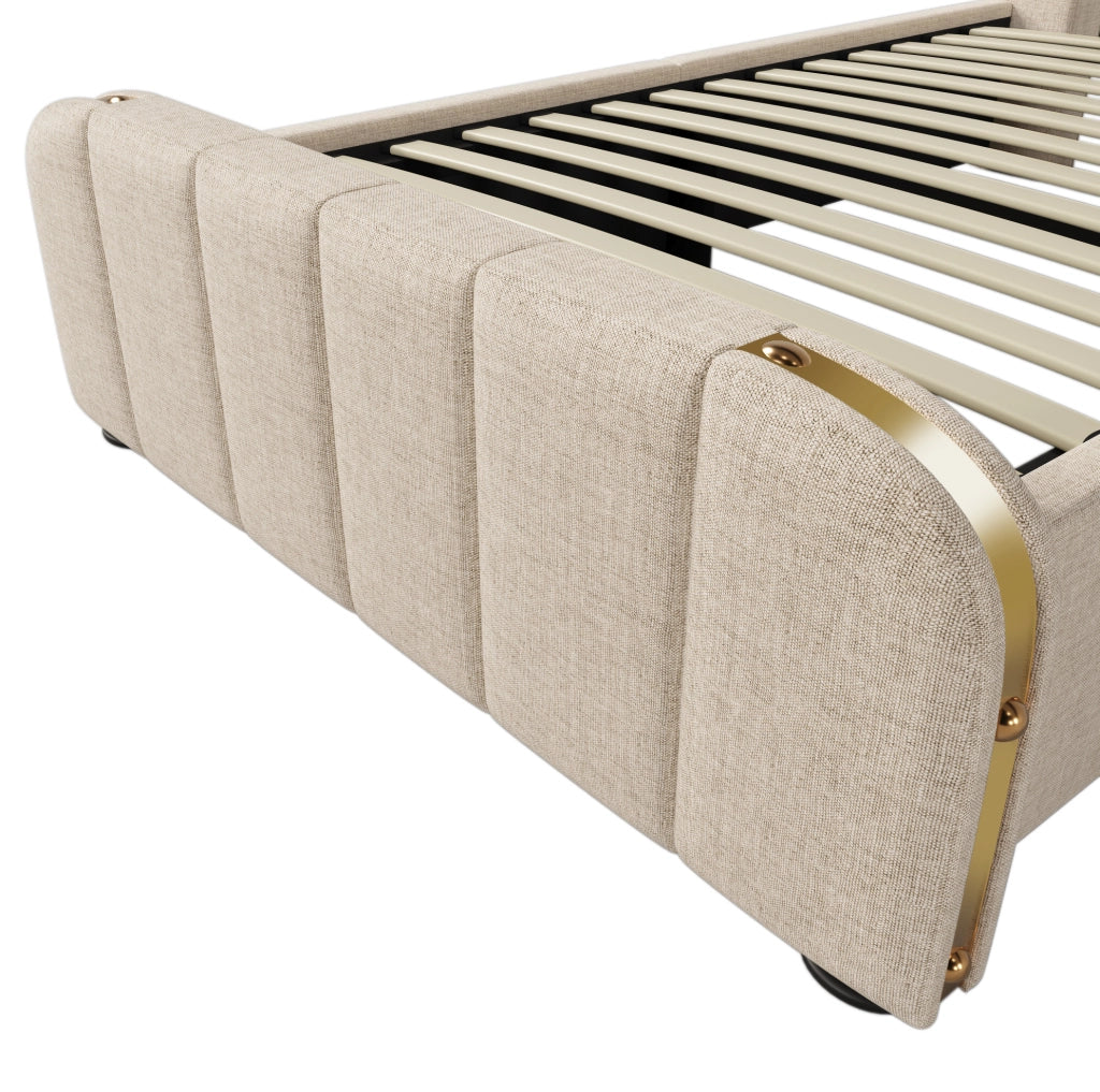 Letto singolo imbottito 90x200 cm beige con USB-C, vano idraulico e rete