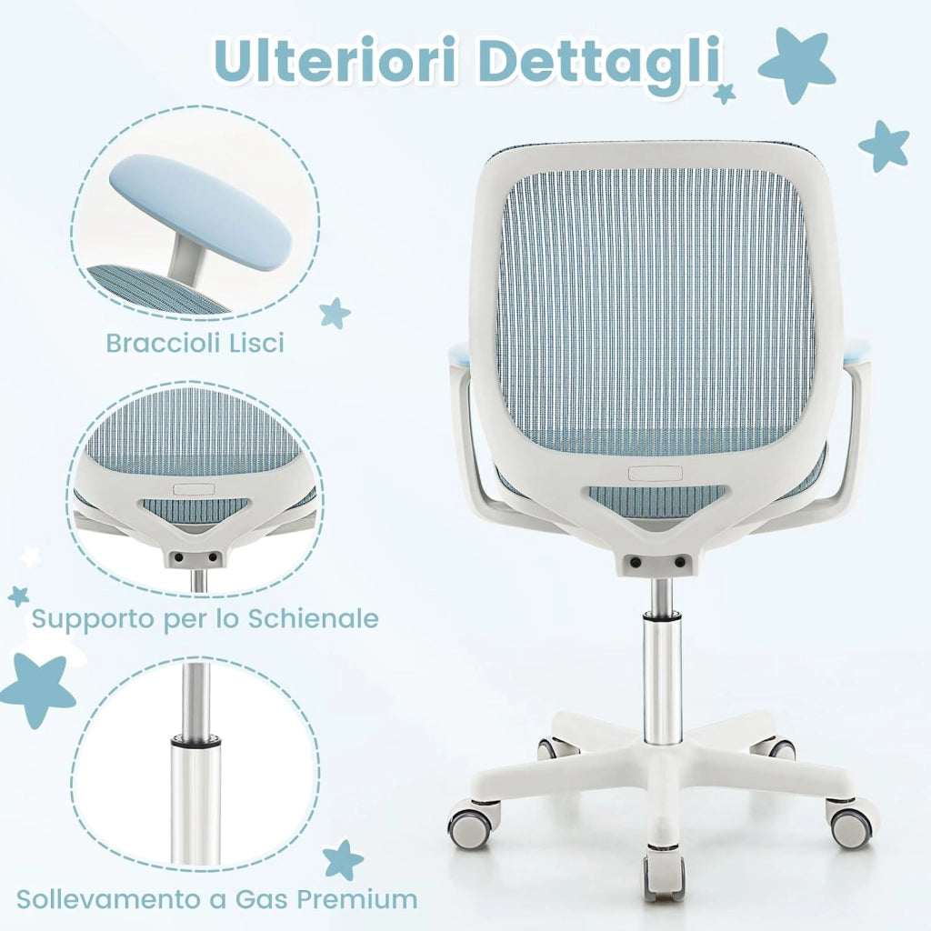 Sedia da Scrivania Girevole per Bambini (Blu, Ruote Ordinarie) | con Altezza Regolabile, 5 Ruote, Braccioli Morbidi, Mobile Ergonomica per Bambini 6-15 Anni