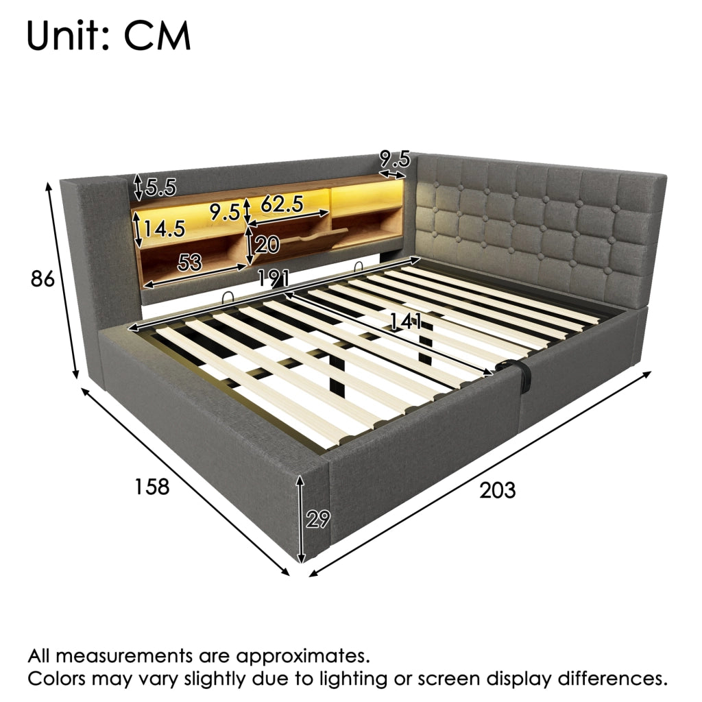 Letto matrimoniale 140x190 cm in tessuto grigio con LED; USB e contenitore idraulico