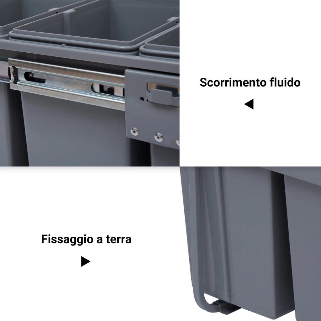 EasyComfort Pattumiera Estraibile da 40L con 3 Contenitori per Raccolta Differenziata, 48x34.2x41.8 cm, Grigio