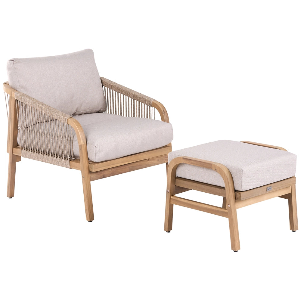 Poltrona da giardino con poggiapiedi in legno di acacia chiaro e cuscini beige chiaro, per interni ed esterni, design moderno