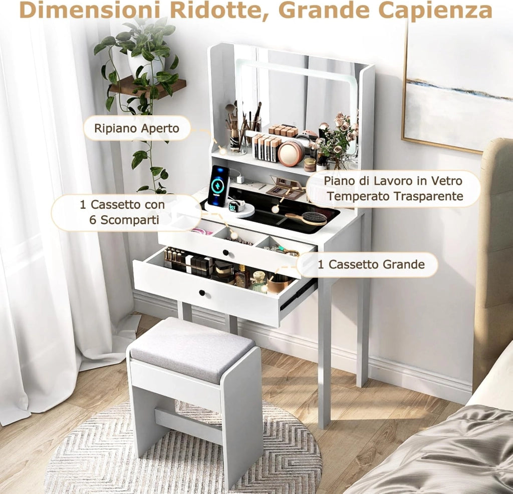 Toeletta Trucco con Luci LED e Sgabello Imbottito, Specchiera con Stazione di Ricarica e Luminosità Regolabile, Set Consolle Trucco con Piano in Vetro Temperato e 2 Cassetti (Bianco)