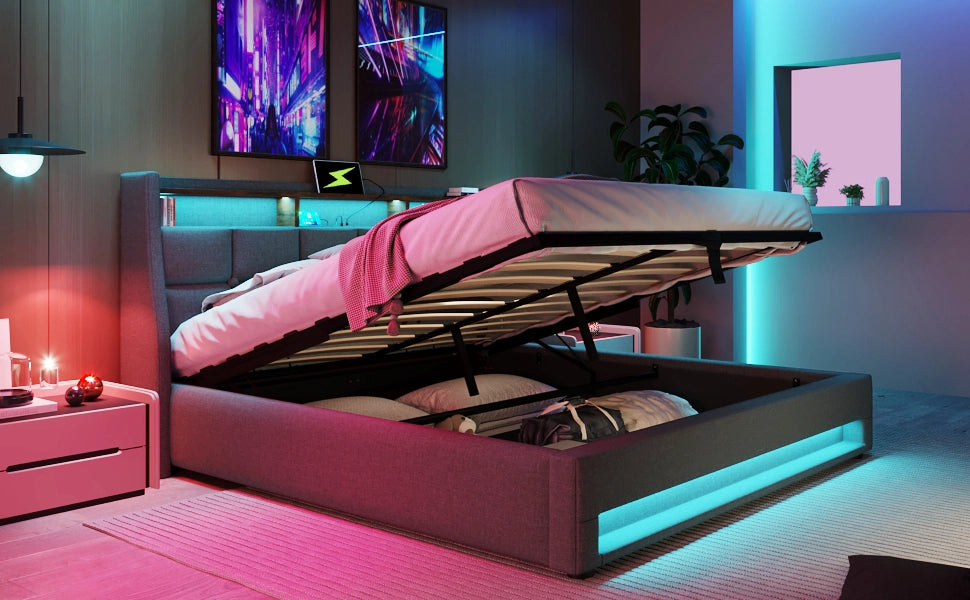 Letto imbottito 140x200 cm grigio con LED, USB, contenitore, rete a doghe e materasso incluso