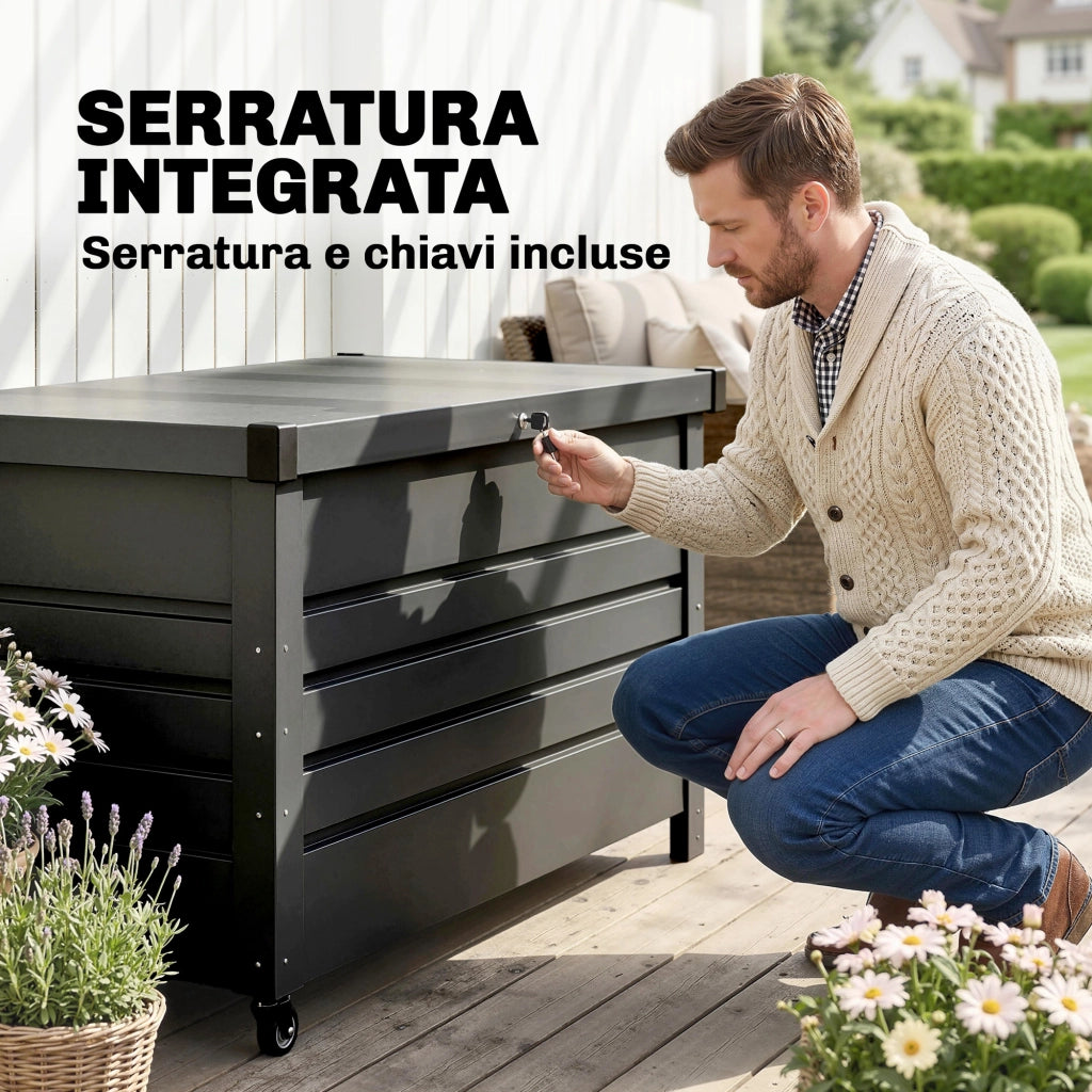Cassa 350L, Box Metallo con Coperchio Bloccabile, Ruote, Maniglie Laterali, Grigio