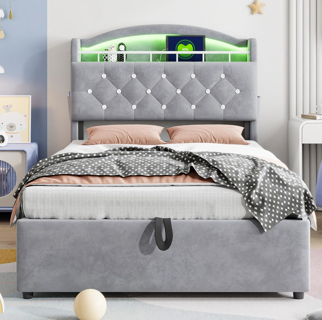 Letto contenitore 90x200 cm in velluto grigio con LED; USB e vano portaoggetti