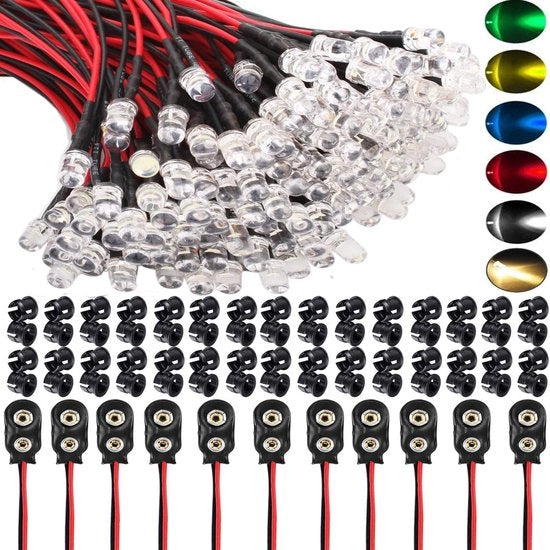 LED Diodi LED Ultra Luminosi - 5mm - Inclusa Batteria Porta - 60 Unità - 20cm Lunghezza Cavo