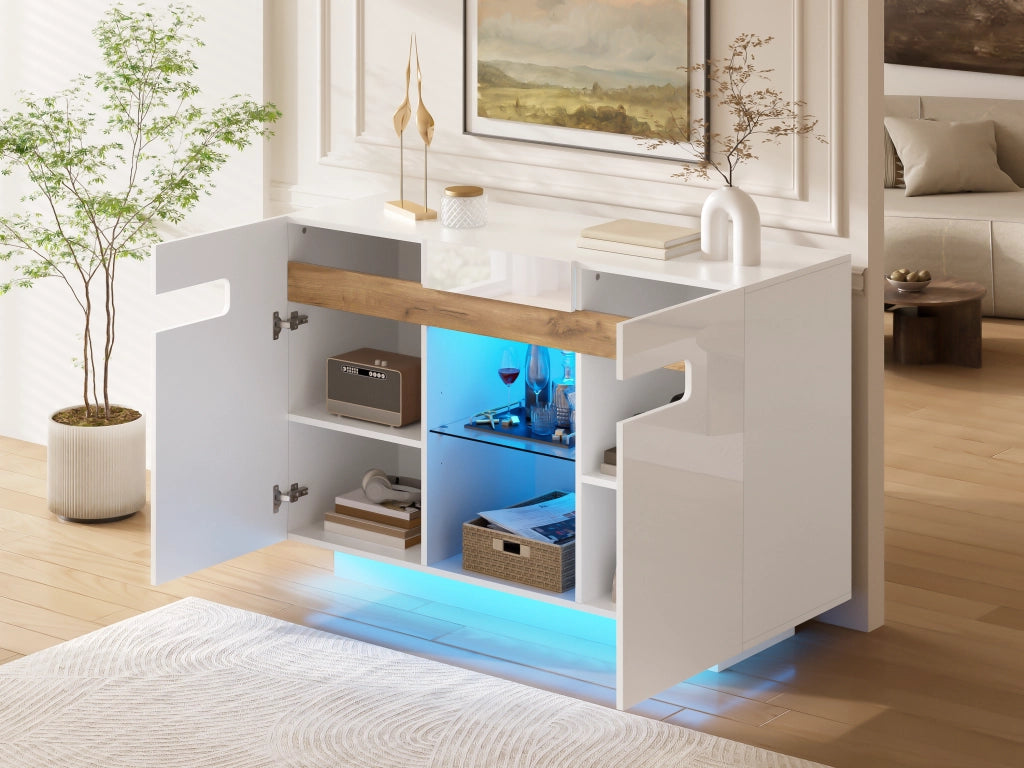 Credenza con LED e 4 vani, ripiani in vetro regolabili, per soggiorno e cucina, bianco naturale, 120 × 40 × 80 cm