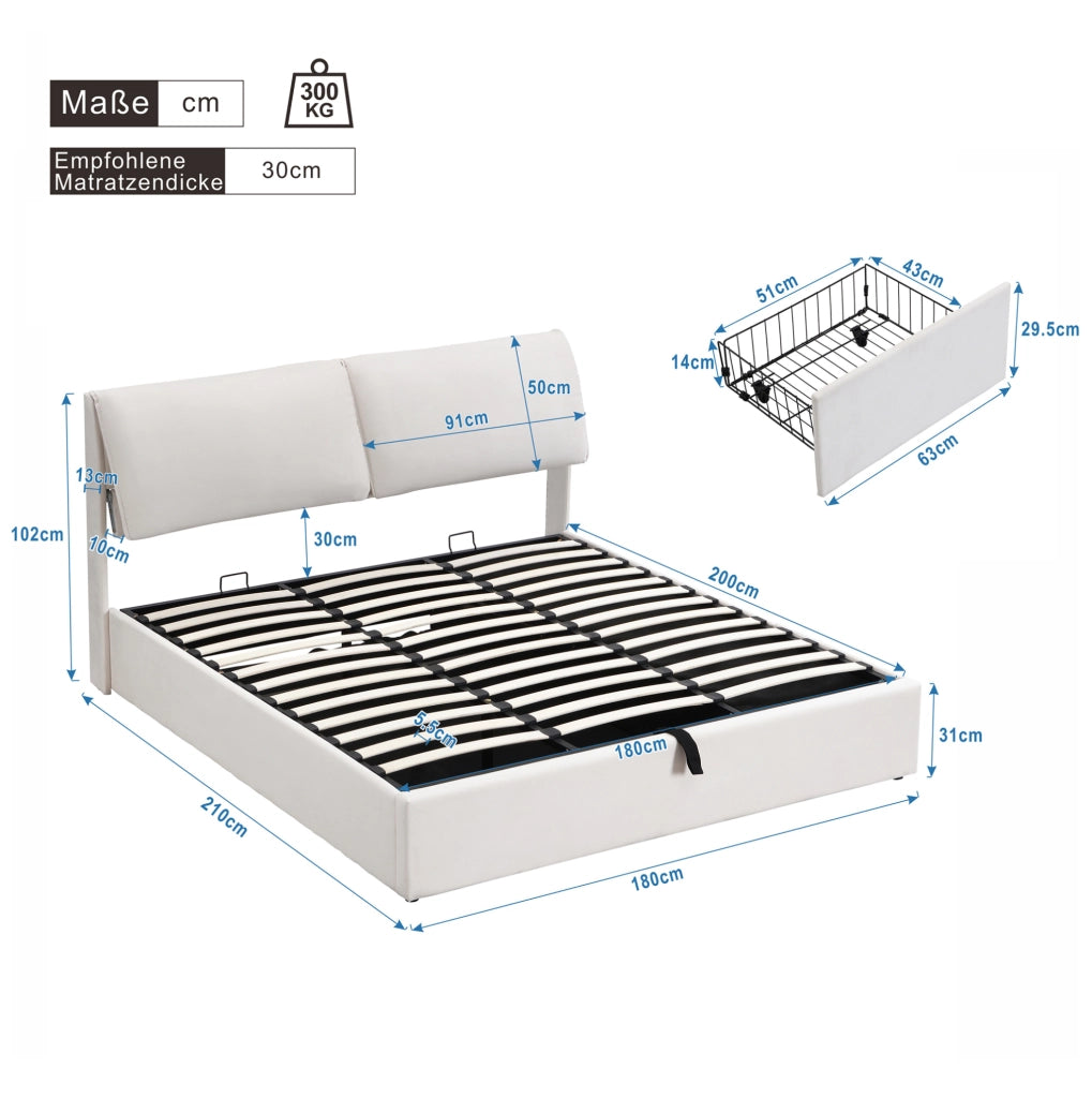 Letto imbottito matrimoniale 180x200 cm in velluto beige con contenitore; 3 cassetti e testiera