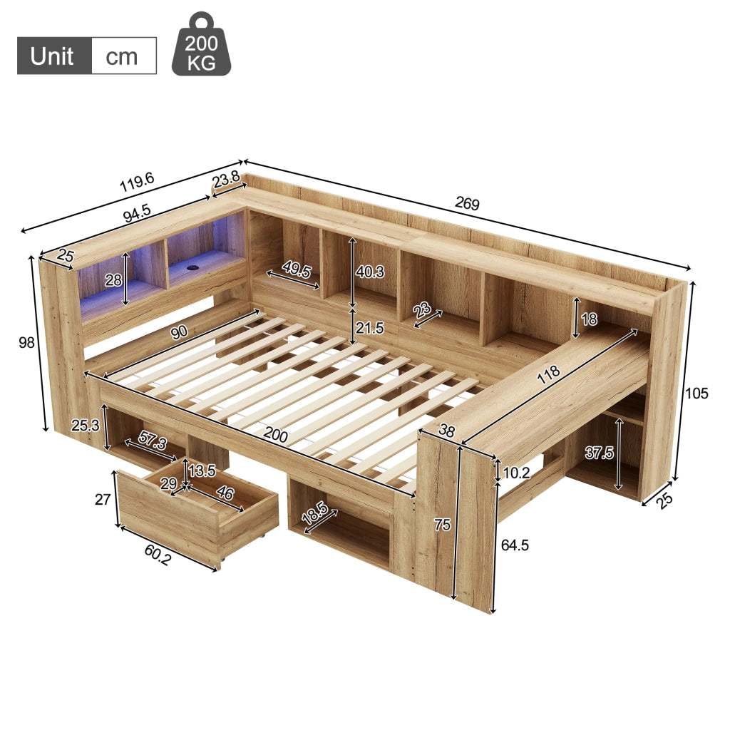 Letto Singolo con Scrivania e LED ¨C MINIMAL ¨C Legno, Contenitore, Cassetti, 90x200