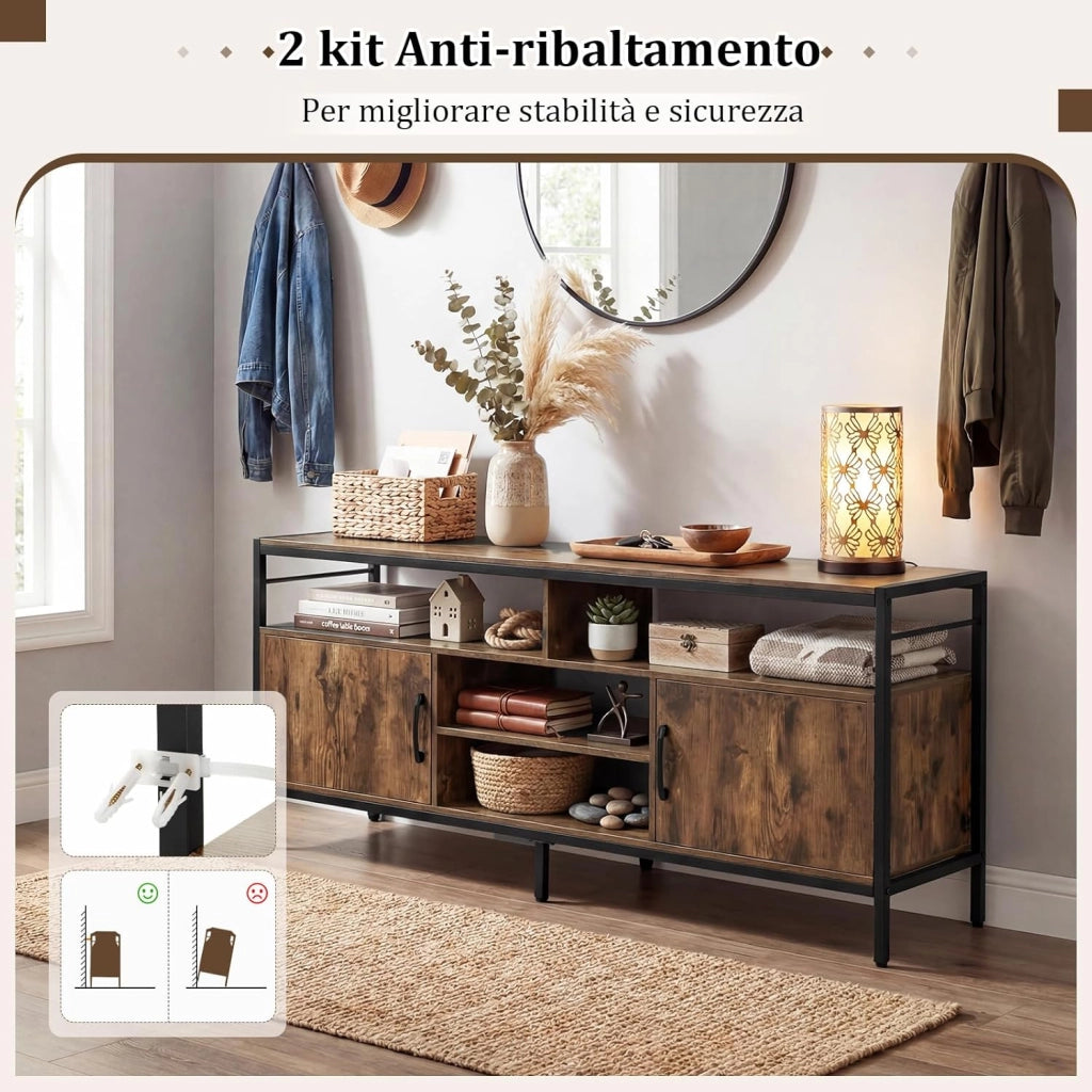 Mobile TV Soggiorno fino a 65", con 2 Armadietti e 4 Ripiani Aperti, Tavolino Porta TV con Gambe in Metallo, Centro di Intrattenimento per Soggiorno Camera da Letto (Marrone, 147 x 35 cm)