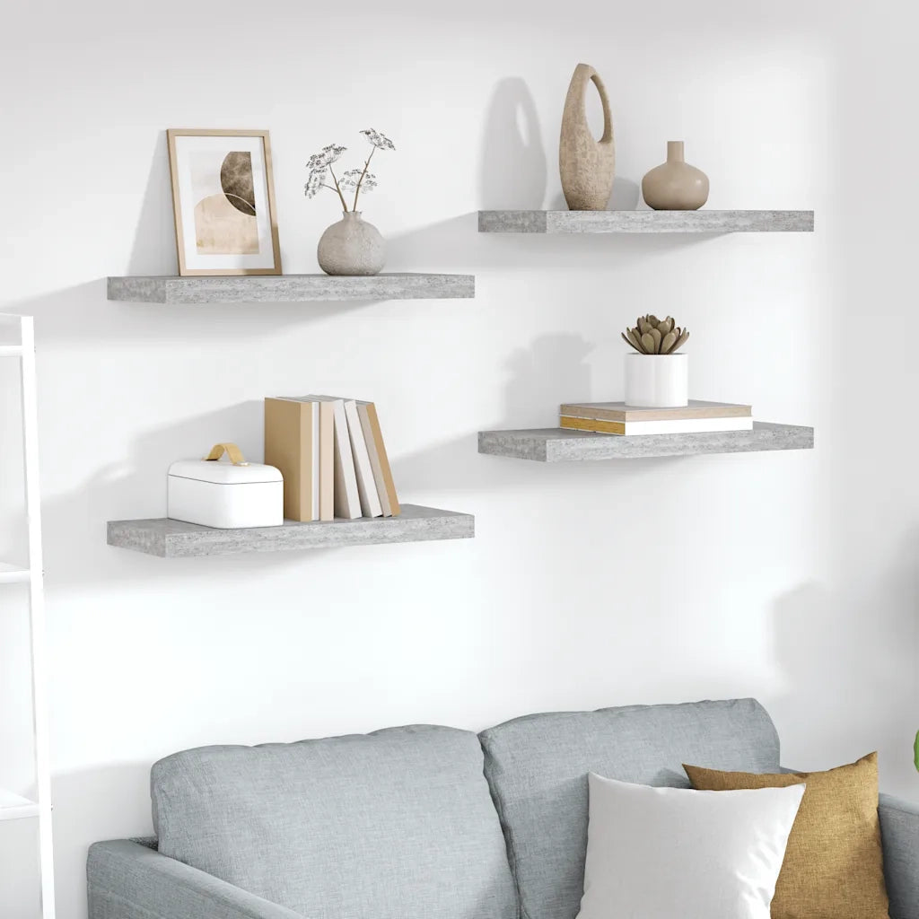 4 pz Scaffali a Parete | Ripiano a parete | Mensole a Parete Grigio Cemento 60x23,5x3,8 cm in MDF