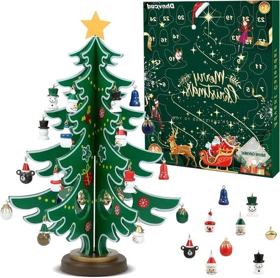 Calendario di Natale 2023 con albero di Natale in legno e 36 decorazioni - Calendario da seguire per bambini