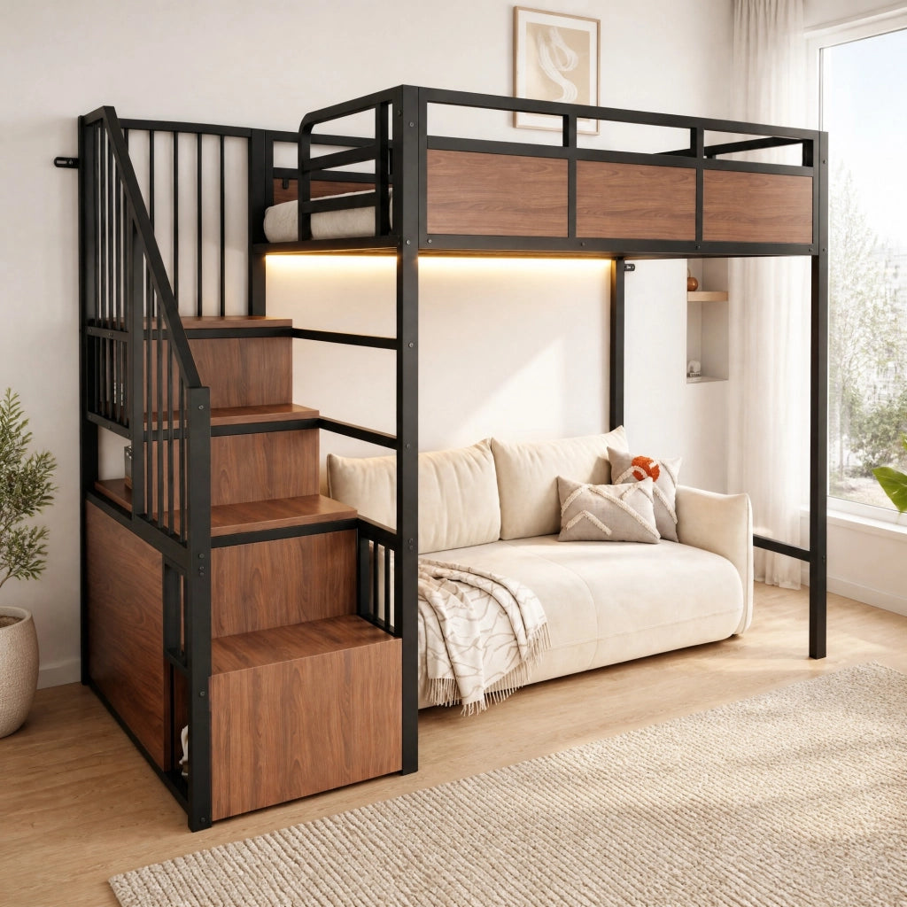 Letto a soppalco in metallo 90x200 cm con scala contenitore reversibile, LED e pannelli effetto legno, nero