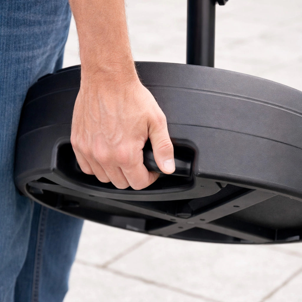 Base Ombrellone Riempibile Acqua o Sabbia 30kg In HDPE E Metallo Nero Supporto Universale per Palo 38/48 mm da Giardino Balcone Terrazza Resistente alle Intemperie Ø50 x 7.5 cm Nero