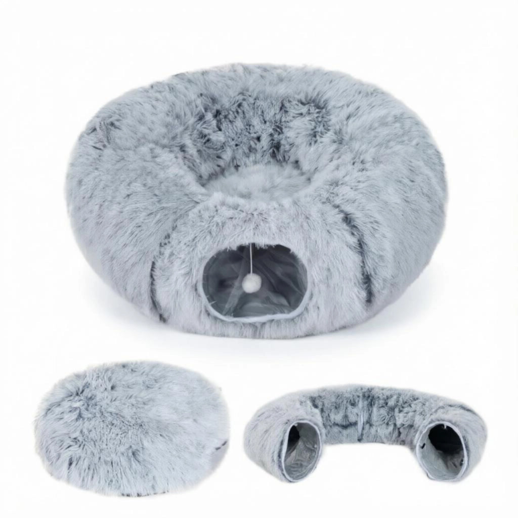 Tunnel per gatti da interno combinato con cuccia a forma di ciambella e cuscino rotondo rimovibile e lavabile.