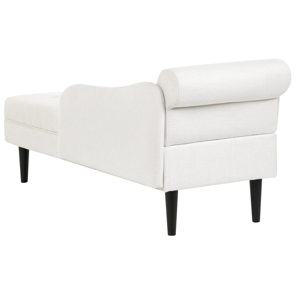 Chaise longue sinistra in tessuto bianco sporco imbottita con cuscino facile da pulire, gambe in legno, soggiorno moderno