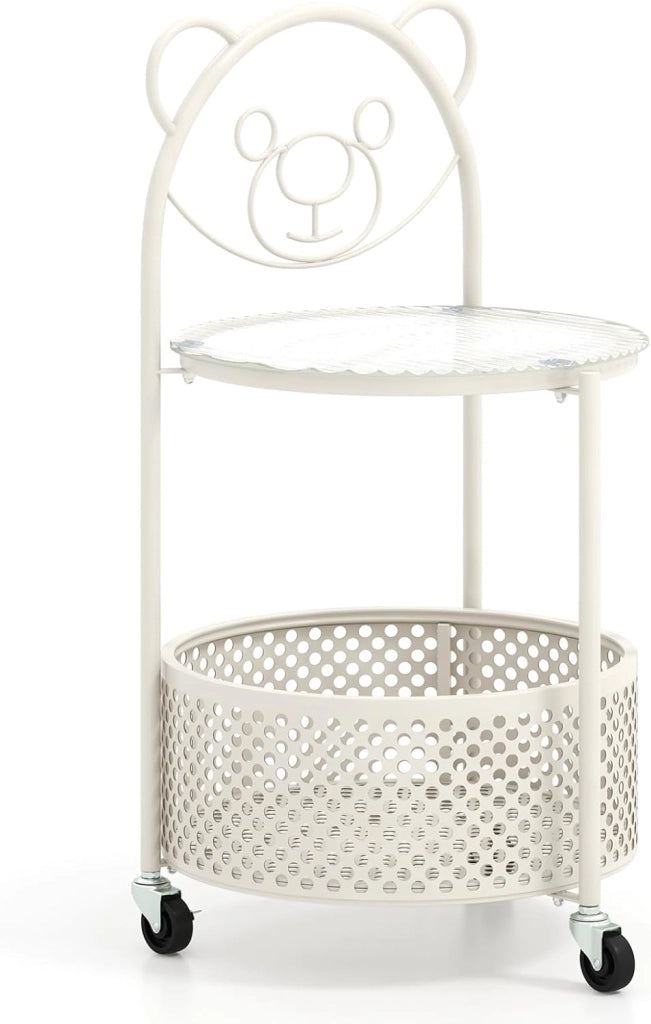 Tavolino Rotondo a 2 Livelli, 71 cm, Mobile con Piano in Vetro Temperato, Cestino Portaoggetti in Metallo, 3 Ruote, Design Carino, Adatto per Soggiorno, Ufficio, Camera daLetto, 2 Colori
