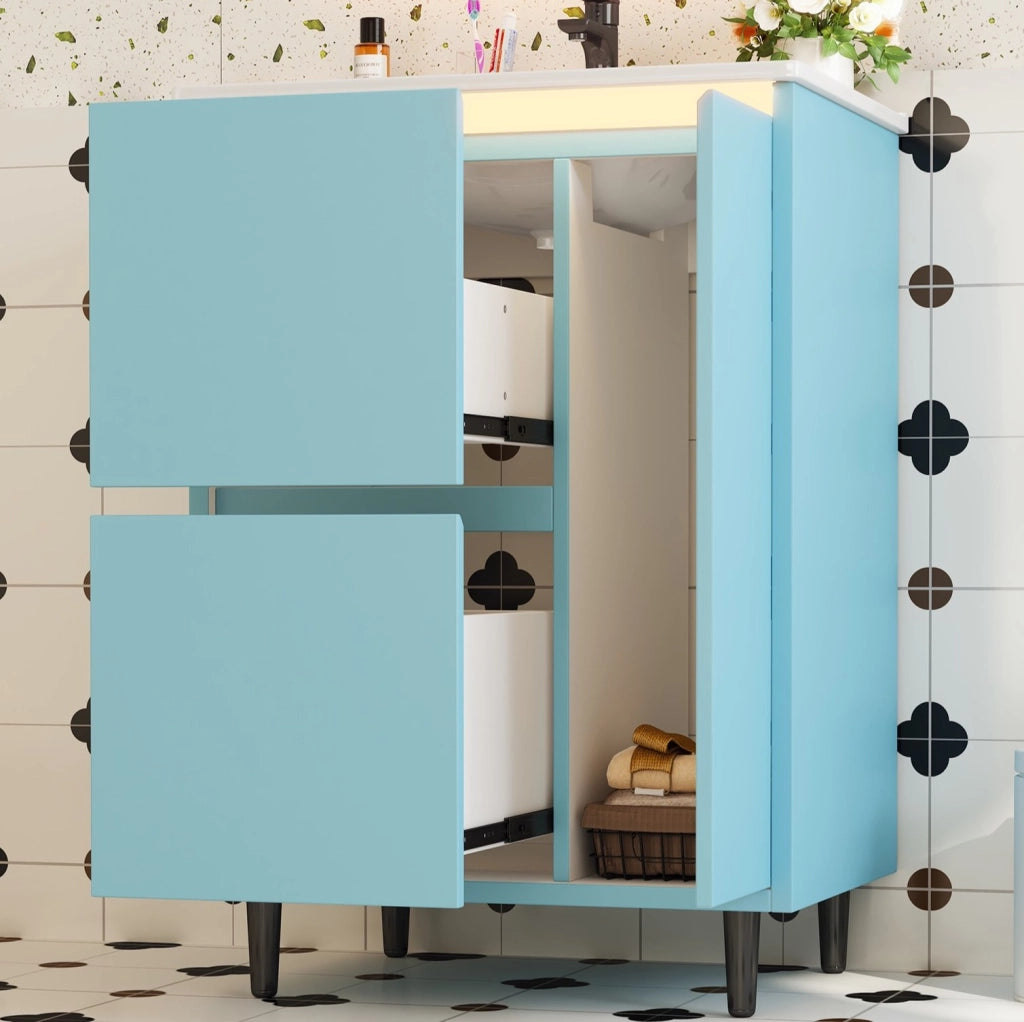 Mobile lavabo bagno freestanding blu con lavabo in ceramica, 2 cassetti e anta