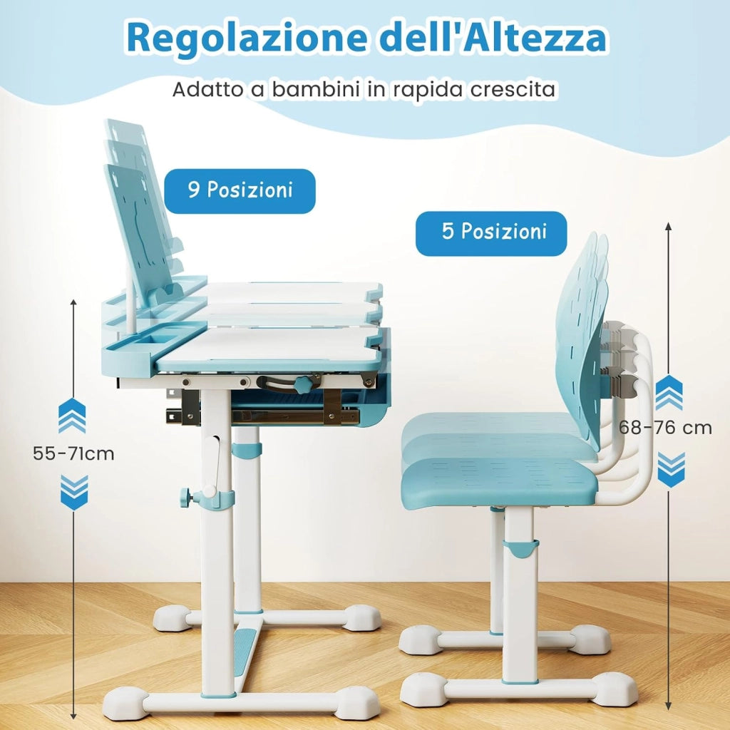 Set di Scrivania e Sedia per Bambini con Altezza Regolabile, Blu | Banco Scuola con Piano Inclinabile, Supporto per Libri, Barra Poggiapiedi e Sedia Ergonomica per Scuola, Ufficio e Cameretta
