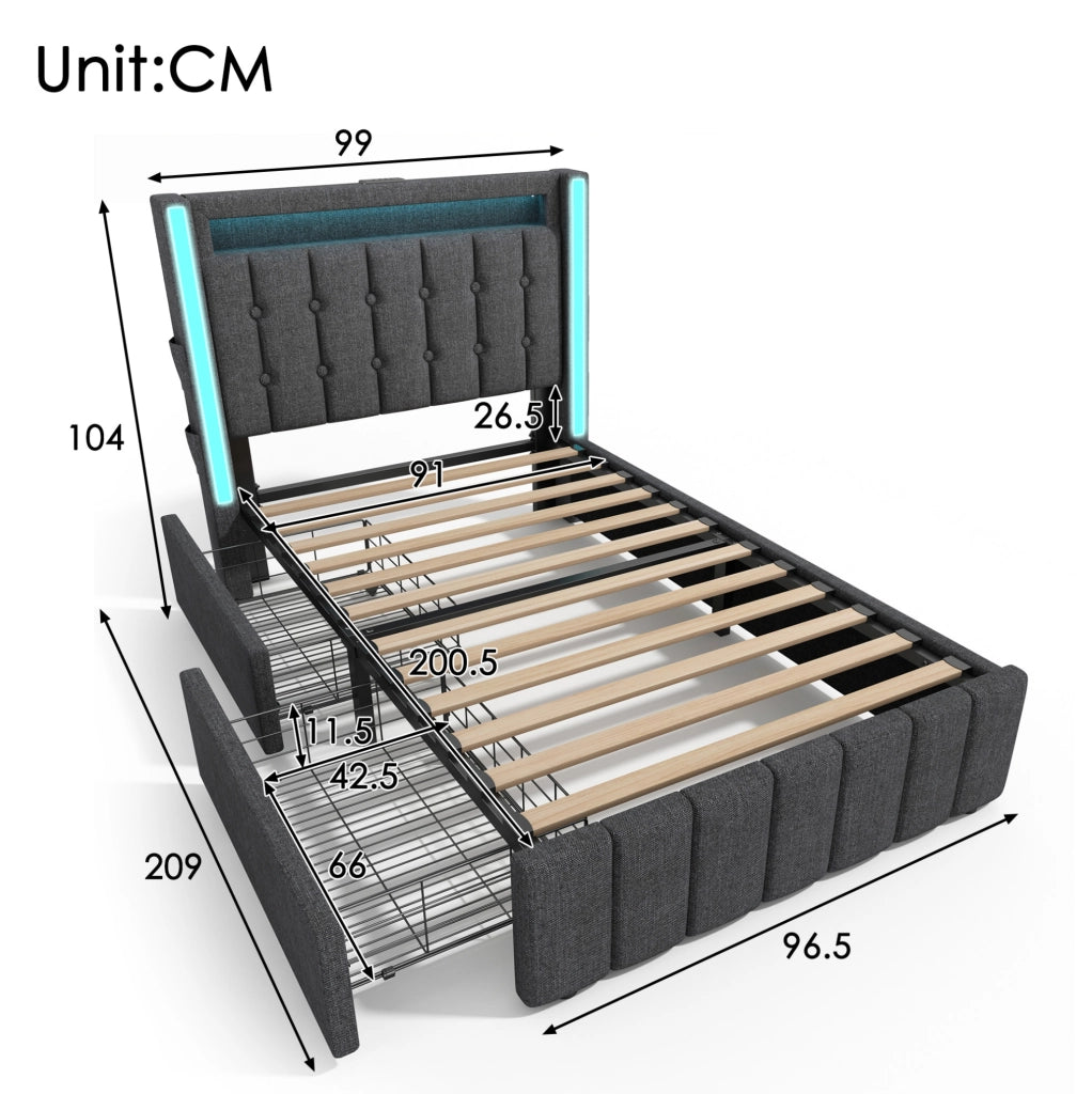 Letto singolo 90x200 cm in tessuto lino con 2 cassetti; USB e LED; grigio