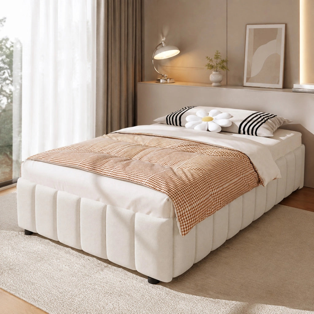 Letto imbottito 90x200 cm con contenitore idraulico; senza testiera; in lino beige