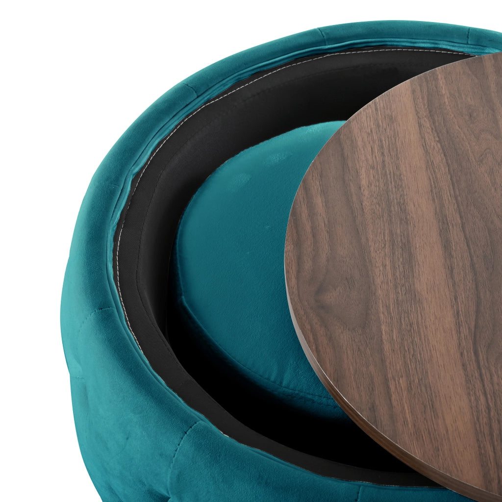 Poltrona pouf contenitore - con vassoio in legno e design impilabile - in velluto blu