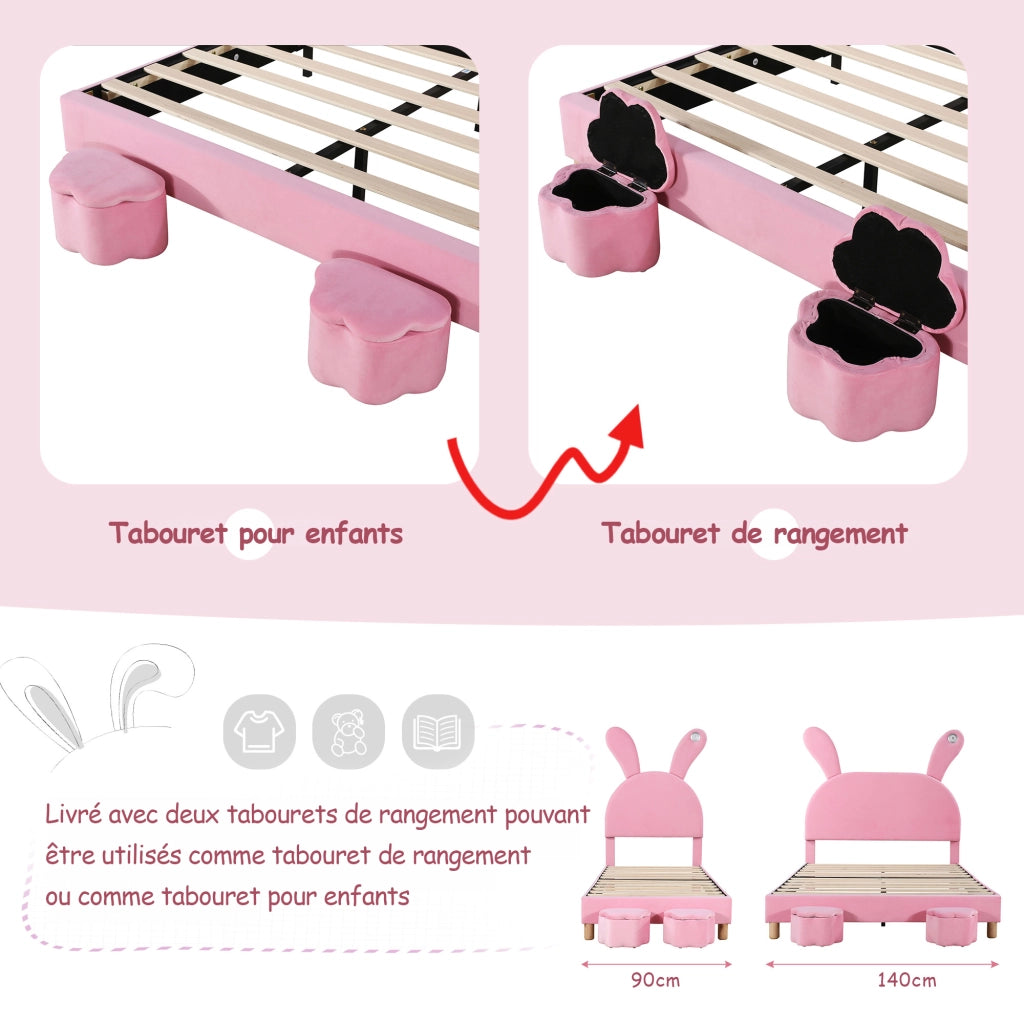 Letto Singolo 90x200 cm; con 2 bauli; LED e orecchie pieghevoli - in velluto rosa