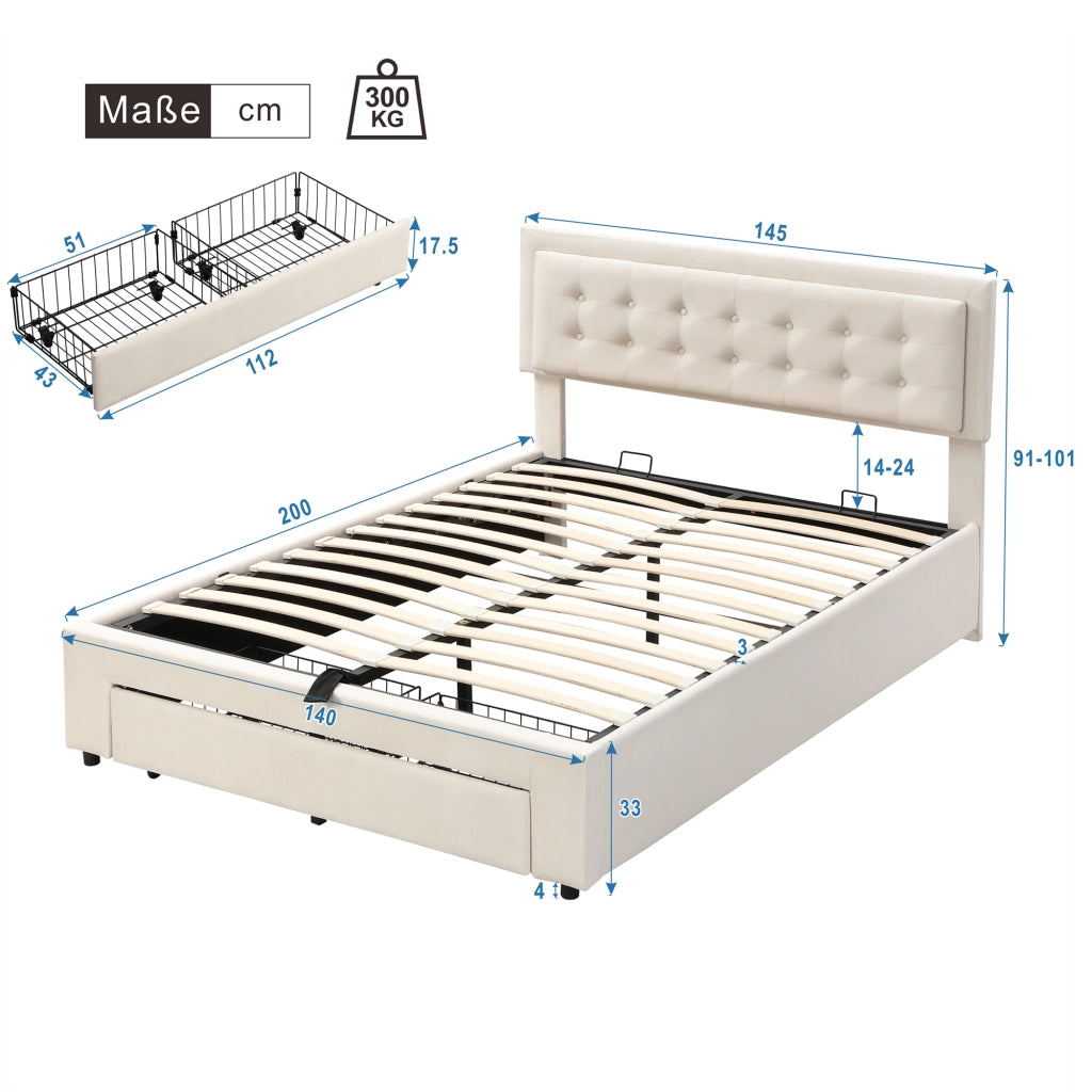 Letto imbottito beige in velluto con testiera regolabile, contenitore con sollevamento idraulico e 2 cassetti, struttura per 140x200 cm
