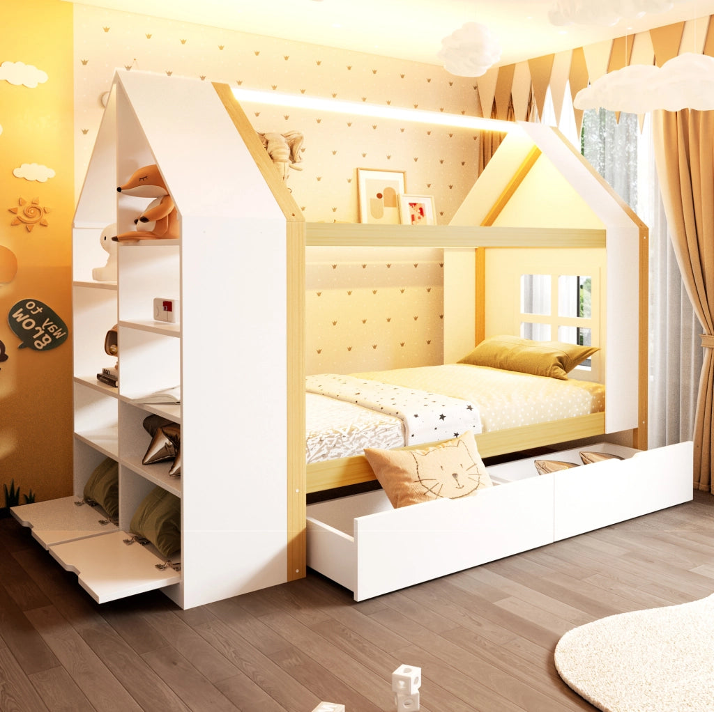 Letto per bambini a casetta 90x200 cm con cassetti, vano contenitivo e LED