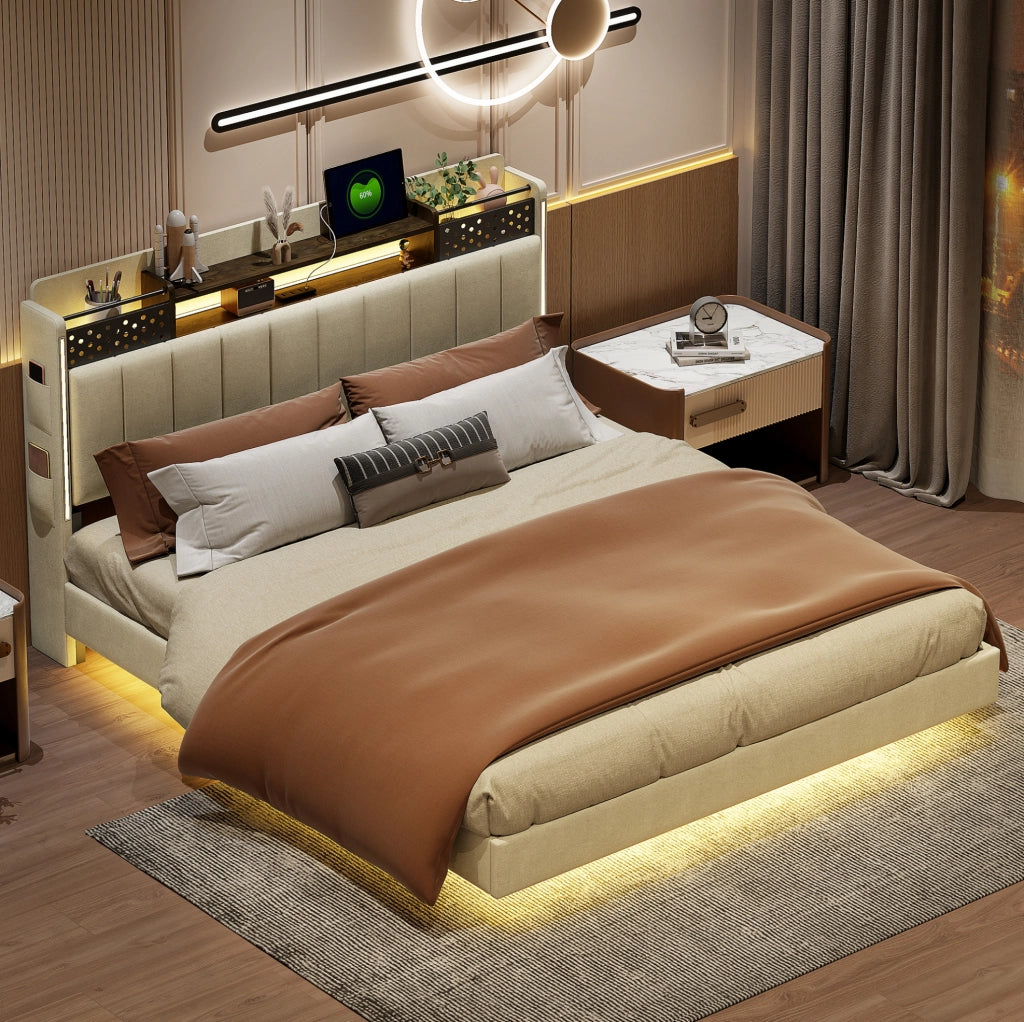 Letto imbottito modulare 160 × 200 cm con LED; USB e vano contenitore nella testiera; beige
