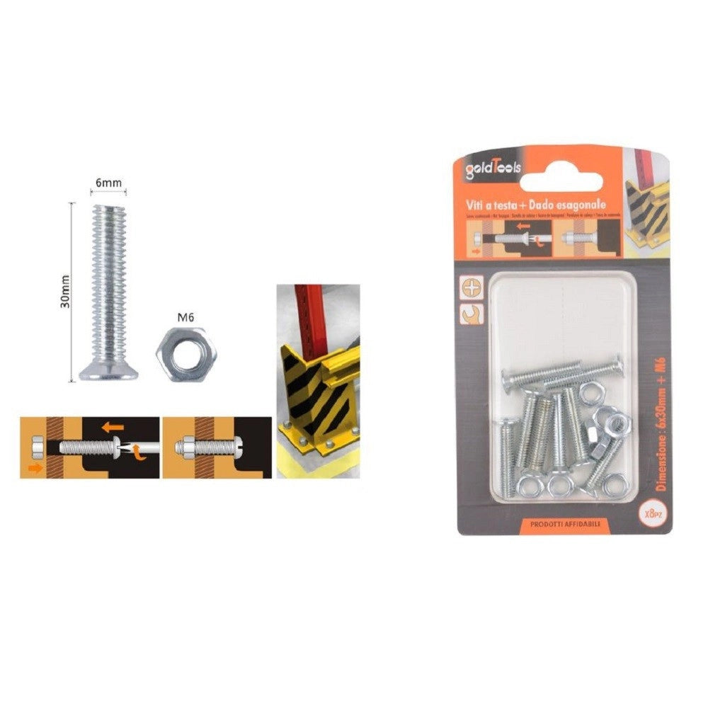 Trade Shop - Set 8 Pezzi Viti Vite Testa A Croce Piatta 6 X 30 Mm Con Dado Esagonale M6 90944 -