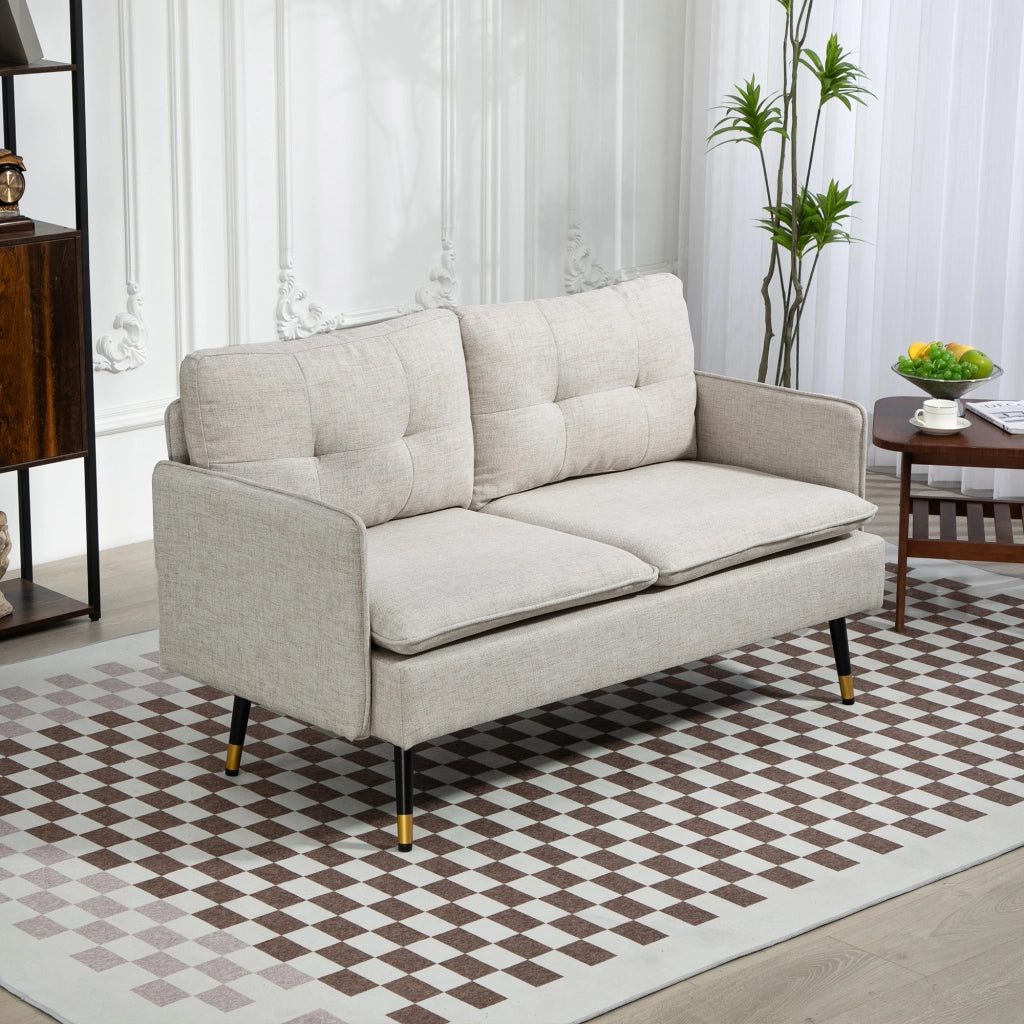 Divano 2 Posti 139x68x80 cm con Cuscini Imbottiti in Tessuto Effetto Lino Bianco Crema