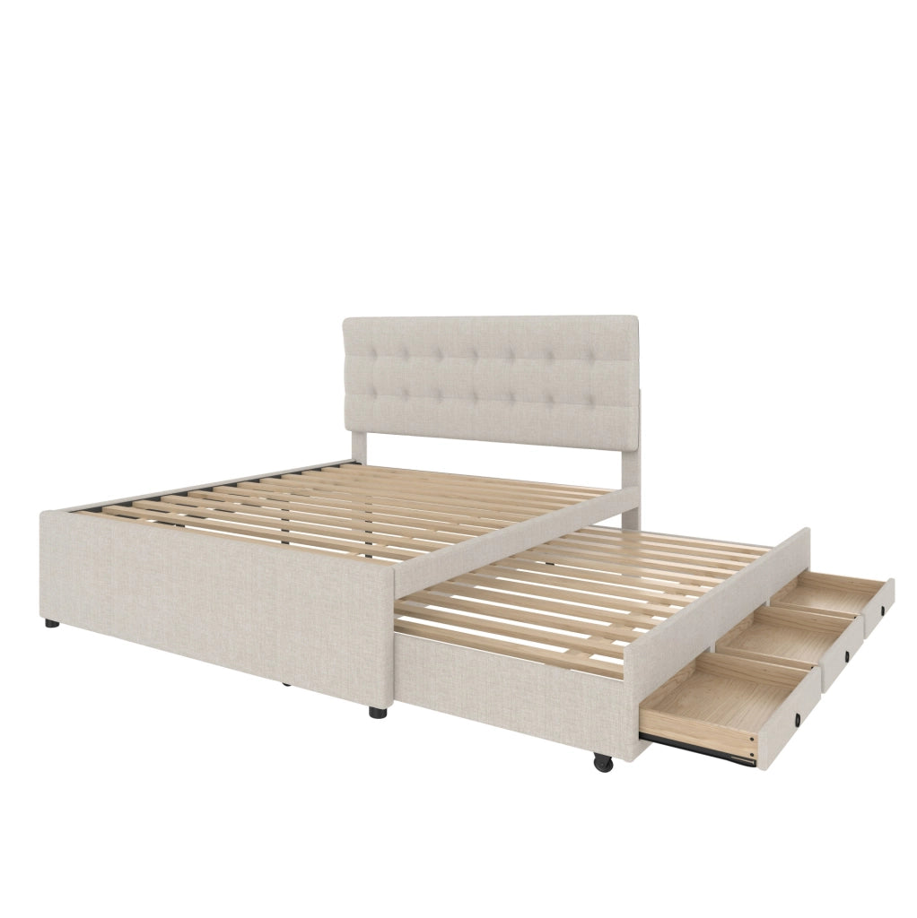Letto imbottito 140x200 cm con letto estraibile e 3 cassetti; testiera regolabile; lino e MDF beige (Senza materasso)