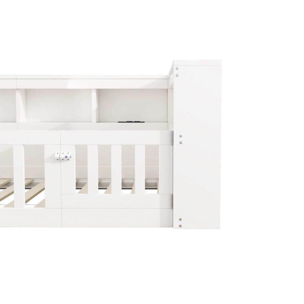 Letto singolo 90×200 cm con rete; vani laterali; prese USB e sponda estraibile; senza materasso; bianco