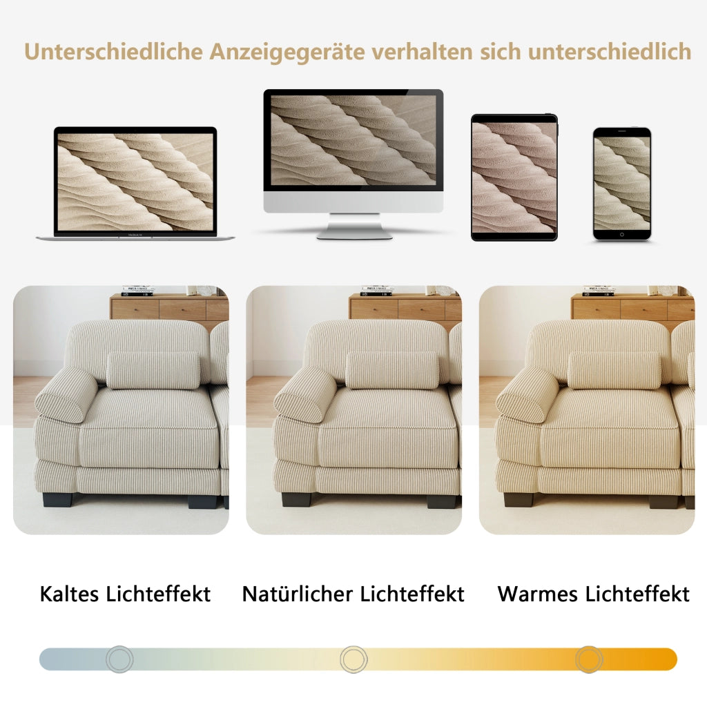 Divano modulare in velluto a coste beige; 194 x 88;5 x 94 cm; con cuscino lombare