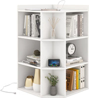 Libreria Angolare Triangolare con 3 Ripiani e 9 Vani Aperti, Presa di Ricarica Integrata, 51 x 71,5 x 86 cm, per Soggiorno e Studio (Bianco)